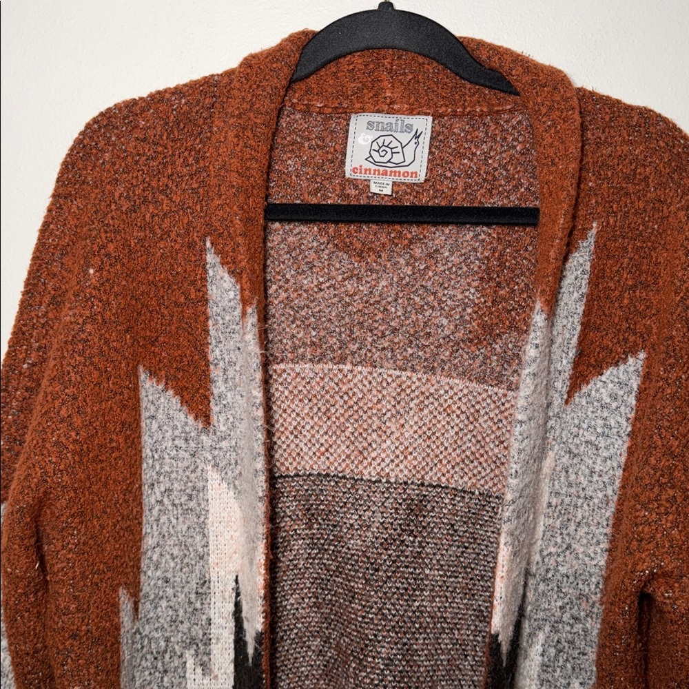 Snails Cinnamon Boho Aztec Print Oversized Fuzzy Cardigan Sweater - Picture 2 of 5